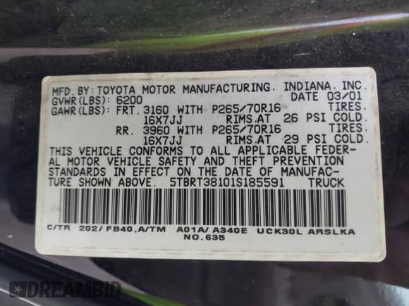 2001 Toyota Tundra Limited z VIN 5TBRT38101S185591, wystawiony jako IAAI lot #42542468 z przebiegiem 281 846 mil mil oraz . Historia ofert i sprzedaży dostępna na DreamBid. Obrazek 9.
