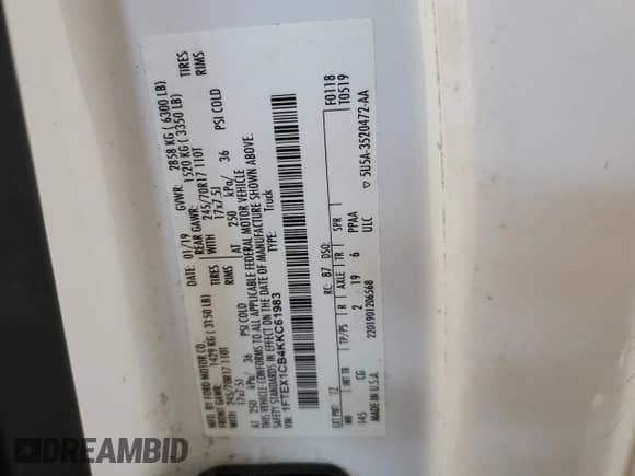 2019 Ford F-150 XL with VIN 1FTEX1CB4KKC61983, listed as a Copart auction lot 87250335 with 197,627 mi miles and Clean title. Bid and sale history available at DreamBid. Image 12.