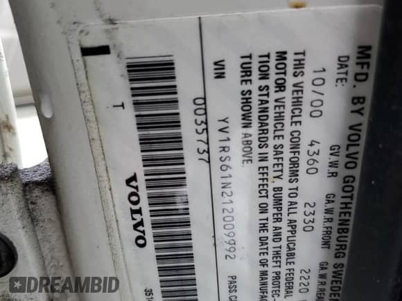 2001 Volvo S60 с VIN YV1RS61N212009992, выставлен на аукционе Copart как лот 43436545 с пробегом 176 333 миль миль и Чистый • Clean title. История ставок и продаж доступна на DreamBid. Изображение 12.