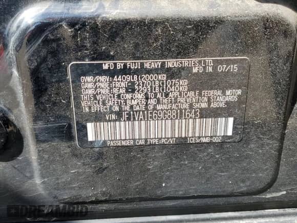 2016 Subaru WRX Premium z VIN JF1VA1E69G8811643, wystawiony jako Copart lot #65080245 z przebiegiem Nie podano mil oraz Szkoda całkowita • Salvage title. Historia ofert i sprzedaży dostępna na DreamBid. Obrazek 12.