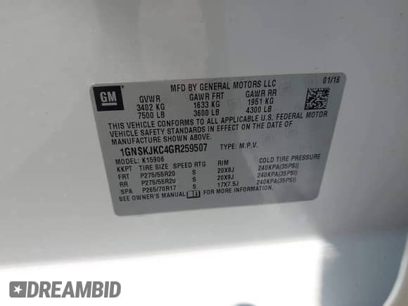 2016 Chevrolet Suburban LTZ с VIN 1GNSKJKC4GR259507, выставлен на аукционе IAAI как лот 43037649 с пробегом 122 285 миль миль и . История ставок и продаж доступна на DreamBid. Изображение 9.