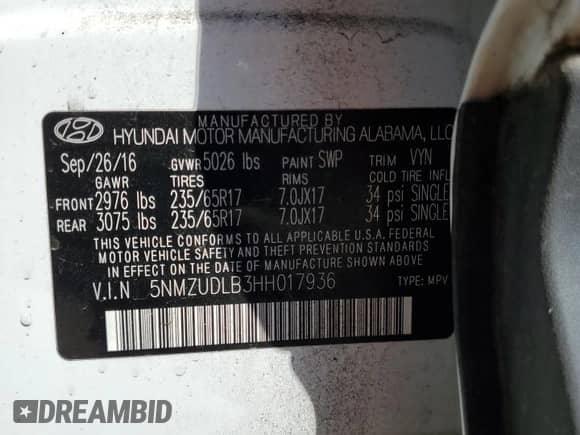 2017 Hyundai Santa Fe 2.4L с VIN 5NMZUDLB3HH017936, выставлен на аукционе Copart как лот 83977115 с пробегом 24 386 миль миль и Списание • Salvage title. История ставок и продаж доступна на DreamBid. Изображение 12.