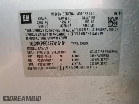 2014 Chevrolet Silverado 1500 Work Truck z VIN 1GCVKPEC4EZ416101, wystawiony jako Copart lot #53969515 z przebiegiem 135 979 mil mil oraz Szkoda całkowita • Salvage title. Historia ofert i sprzedaży dostępna na DreamBid. Obrazek 12.