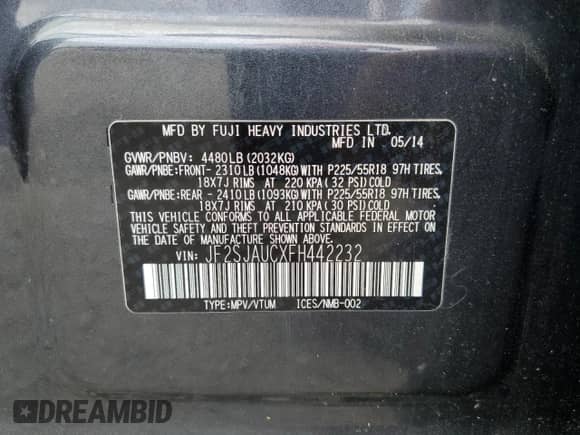 2015 Subaru Forester Touring with VIN JF2SJAUCXFH442232, listed as a Copart auction lot 86451045 with 117,359 mi miles and Salvage title. Bid and sale history available at DreamBid. Image 13.