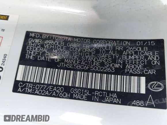 2015 Lexus RC 350 F Sport with VIN JTHSE5BC6F5002263, listed as a IAAI auction lot 42890255 with 135,000 mi miles and . Bid and sale history available at DreamBid. Image 9.