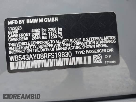 2024 BMW M3 Competition xDrive with VIN WBS43AY08RFS19830, listed as a IAAI auction lot 41506228 with 10,330 mi miles and . Bid and sale history available at DreamBid. Image 9.