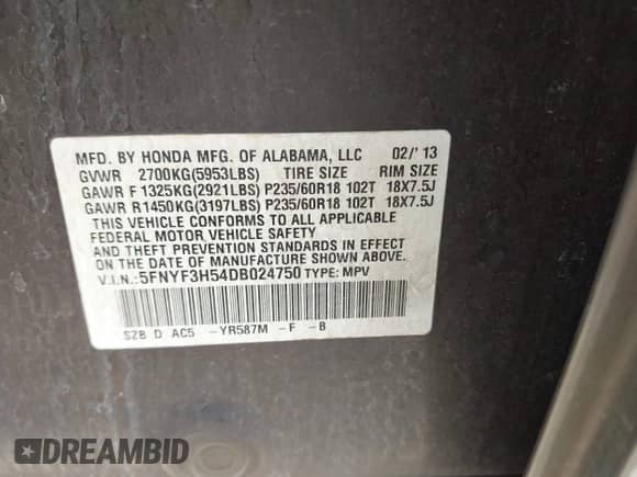 2013 Honda Pilot EX-L with VIN 5FNYF3H54DB024750, listed as a IAAI auction lot 43156830 with 107,550 mi miles and . Bid and sale history available at DreamBid. Image 9.