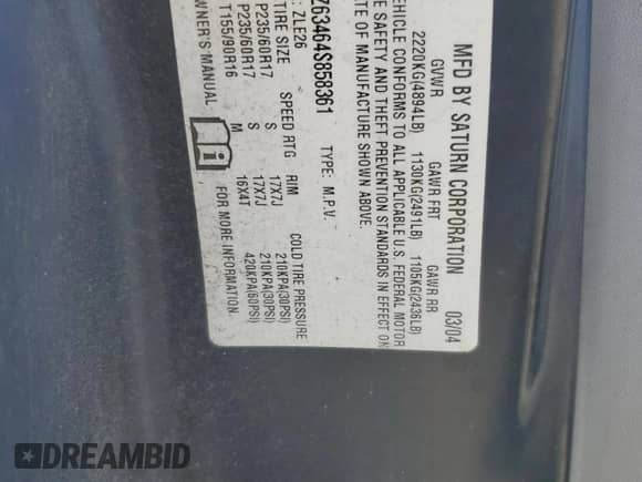 2004 Saturn VUE V6 with VIN 5GZCZ63464S858361, listed as a Copart auction lot 56803335 with 207,027 mi miles and Salvage title. Bid and sale history available at DreamBid. Image 13.