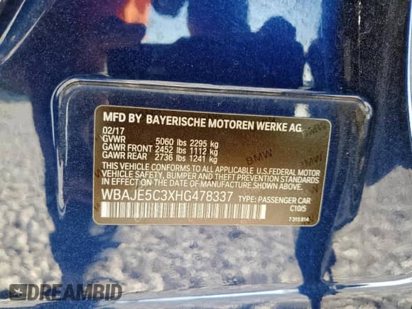 2017 BMW 5 Series 540i с VIN WBAJE5C3XHG478337, выставлен на аукционе Copart как лот 84199185 с пробегом 95 692 миль миль и Списание • Salvage title. История ставок и продаж доступна на DreamBid. Изображение 12.