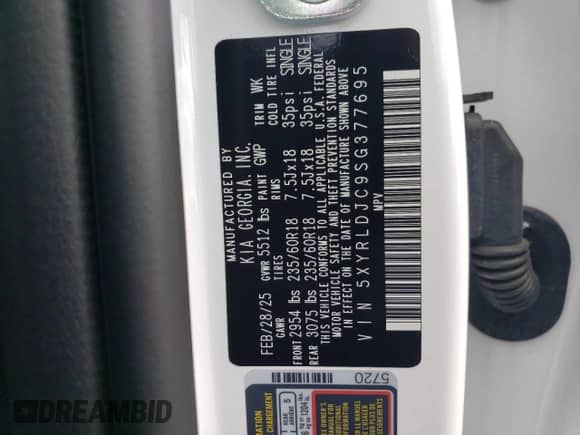 2025 Kia Sorento S z VIN 5XYRLDJC9SG377695, wystawiony jako Copart lot #71010335 z przebiegiem 15 mil mil oraz Szkoda całkowita • Salvage title. Historia ofert i sprzedaży dostępna na DreamBid. Obrazek 12.