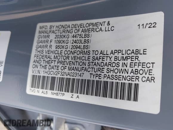 2022 Honda Accord Sport с VIN 1HGCV2F32NA023147, выставлен на аукционе IAAI как лот 42794828 с пробегом 30 946 миль миль и . История ставок и продаж доступна на DreamBid. Изображение 9.