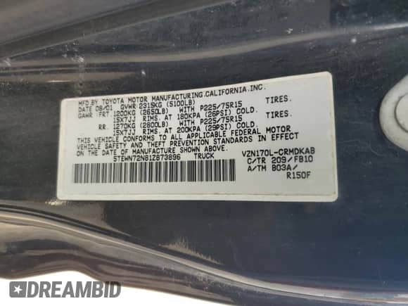 2001 Toyota Tacoma with VIN 5TEWN72N81Z873896, listed as a Copart auction lot 82741565 with 186,530 mi miles and Clean title. Bid and sale history available at DreamBid. Image 12.