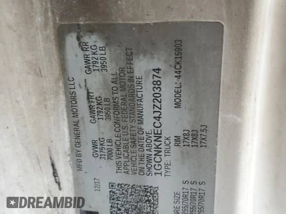 2018 Chevrolet Silverado 1500 Work Truck с VIN 1GCNKNEC4JZ203874, выставлен на аукционе Copart как лот 55159915 с пробегом Не указан миль и Списание • Salvage title. История ставок и продаж доступна на DreamBid. Изображение 12.