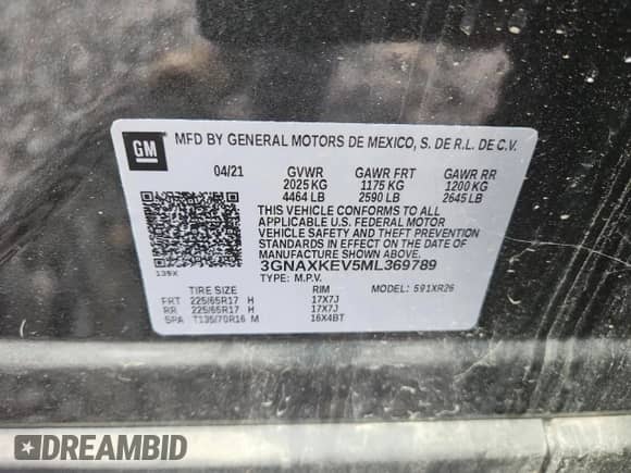 2021 Chevrolet Equinox LT with VIN 3GNAXKEV5ML369789, listed as a Copart auction lot 81695865 with 16,020 mi miles and Salvage title. Bid and sale history available at DreamBid. Image 13.