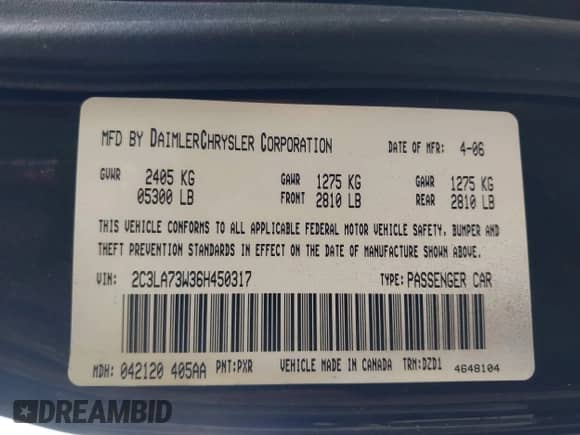 2006 Chrysler 300 C SRT-8 with VIN 2C3LA73W36H450317, listed as a IAAI auction lot 43148082 with 110,634 mi miles and . Bid and sale history available at DreamBid. Image 9.