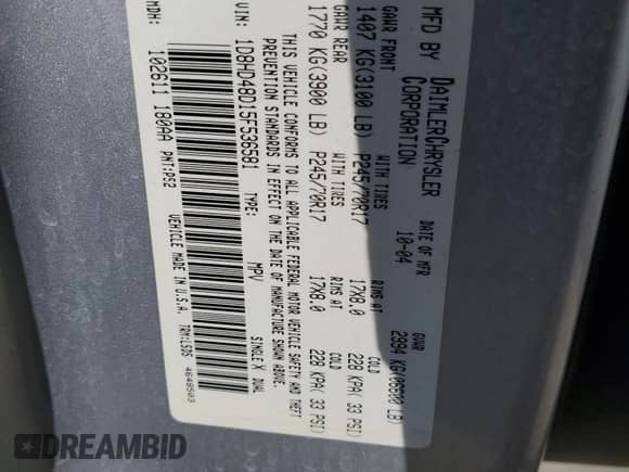 2005 Dodge Durango z VIN 1D8HD48D15F536581, wystawiony jako Copart lot #49892645 z przebiegiem 196 016 mil mil oraz Szkoda całkowita • Salvage title. Historia ofert i sprzedaży dostępna na DreamBid. Obrazek 13.