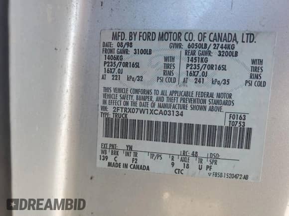 1999 Ford F-150 XL with VIN 2FTRX07W1XCA03134, listed as a Copart auction lot 41880835 with Not provided miles and Salvage title. Bid and sale history available at DreamBid. Image 12.