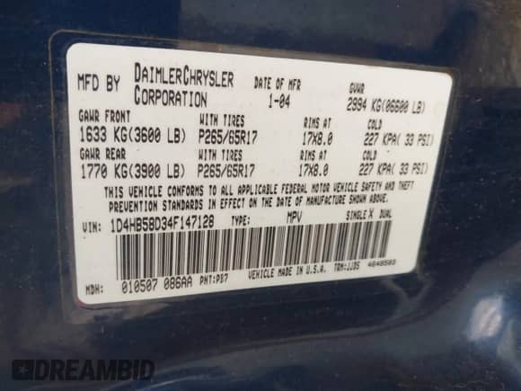 2004 Dodge Durango Limited with VIN 1D4HB58D34F147128, listed as a IAAI auction lot 42681003 with 185,972 mi miles and . Bid and sale history available at DreamBid. Image 9.