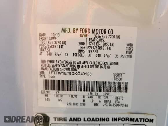 2013 Ford F-150 Lariat with VIN 1FTFW1ET9DKG40123, listed as a Copart auction lot 85496405 with 212,562 mi miles and Salvage title. Bid and sale history available at DreamBid. Image 13.