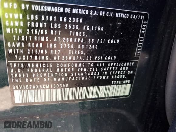 2019 Volkswagen Tiguan S с VIN 3VV1B7AX5KM130358, выставлен на аукционе Copart как лот 68848455 с пробегом Не указан миль и Списание • Salvage title. История ставок и продаж доступна на DreamBid. Изображение 14.