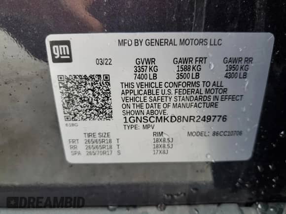 2022 Chevrolet Tahoe LS с VIN 1GNSCMKD8NR249776, выставлен на аукционе Copart как лот 81009475 с пробегом Не указан миль и На запчасти • Non repairable. История ставок и продаж доступна на DreamBid. Изображение 13.