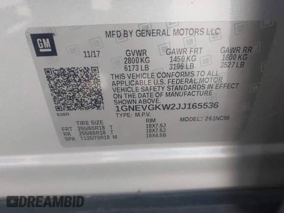 2018 Chevrolet Traverse LT Cloth with VIN 1GNEVGKW2JJ165536, listed as a IAAI auction lot 42718462 with 66,173 mi miles and . Bid and sale history available at DreamBid. Image 9.