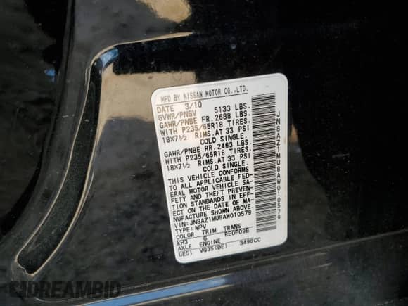 2010 Nissan Murano SL z VIN JN8AZ1MU8AW010579, wystawiony jako Copart lot #80523765 z przebiegiem Nie podano mil oraz Szkoda całkowita • Salvage title. Historia ofert i sprzedaży dostępna na DreamBid. Obrazek 13.