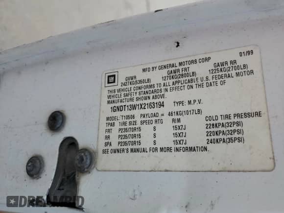 1999 Chevrolet Blazer LT z VIN 1GNDT13W1X2163194, wystawiony jako Copart lot #82897414 z przebiegiem Nie podano mil oraz Szkoda całkowita • Salvage title. Historia ofert i sprzedaży dostępna na DreamBid. Obrazek 14.