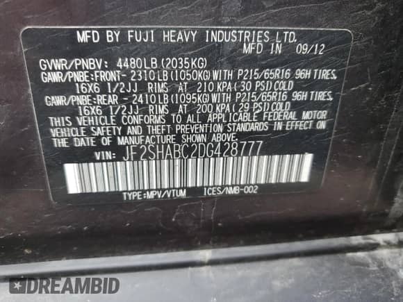 2013 Subaru Forester X z VIN JF2SHABC2DG428777, wystawiony jako Copart lot #52517655 z przebiegiem 131 275 mil mil oraz Szkoda całkowita • Salvage title. Historia ofert i sprzedaży dostępna na DreamBid. Obrazek 14.