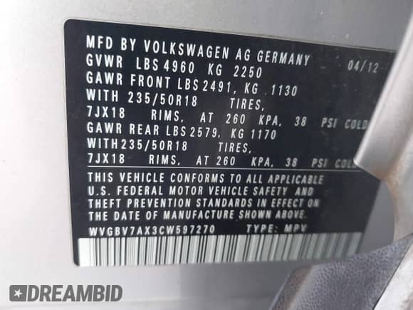 2012 Volkswagen Tiguan S с VIN WVGBV7AX3CW597270, выставлен на аукционе IAAI как лот 43317260 с пробегом 170 500 миль миль и . История ставок и продаж доступна на DreamBid. Изображение 9.