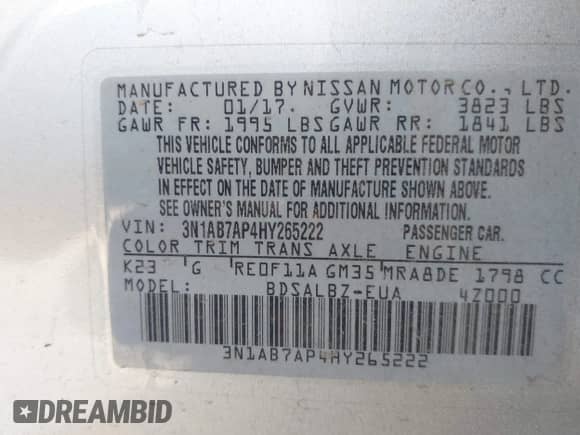 2017 Nissan Sentra S с VIN 3N1AB7AP4HY265222, выставлен на аукционе IAAI как лот 43228663 с пробегом 118 443 миль миль и . История ставок и продаж доступна на DreamBid. Изображение 9.