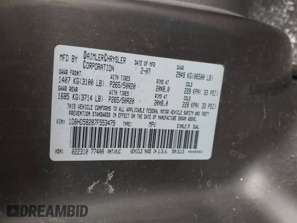 2007 Dodge Durango Limited with VIN 1D8HD58287F553479, listed as a IAAI auction lot 42439085 with 322,987 mi miles and . Bid and sale history available at DreamBid. Image 9.