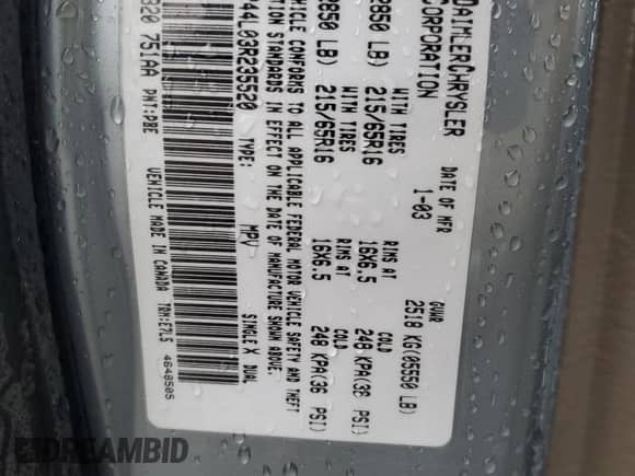 2003 Dodge Caravan Sport with VIN 2D4GP44L03R235520, listed as a Copart auction lot 81857745 with 327,113 mi miles and Salvage title. Bid and sale history available at DreamBid. Image 13.