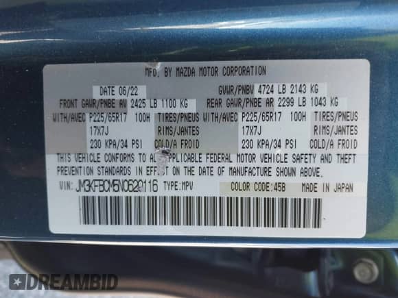 2022 Mazda CX-5 S Carbon Edition с VIN JM3KFBCM5N0620116, выставлен на аукционе IAAI как лот 43033082 с пробегом 48 059 миль миль и . История ставок и продаж доступна на DreamBid. Изображение 9.