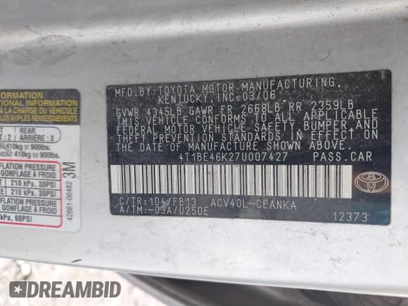 2007 Toyota Camry CE с VIN 4T1BE46K27U007427, выставлен на аукционе IAAI как лот 41839451 с пробегом 238 236 миль миль и . История ставок и продаж доступна на DreamBid. Изображение 9.