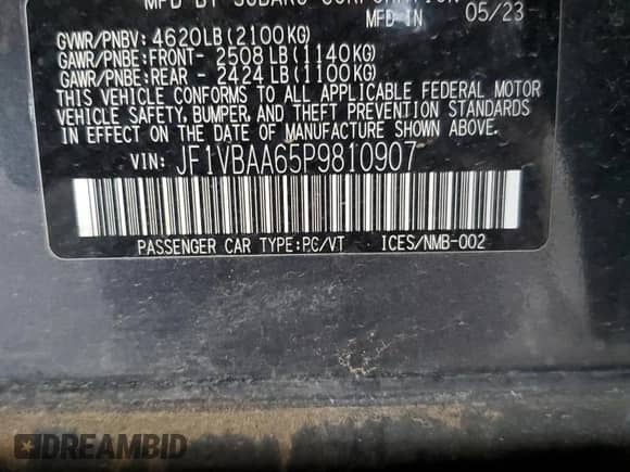 2023 Subaru WRX with VIN JF1VBAA65P9810907, listed as a Copart auction lot 50618875 with 20,019 mi miles and Clean title. Bid and sale history available at DreamBid. Image 12.