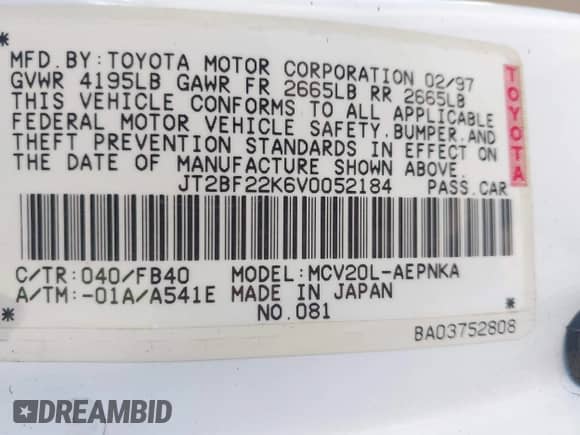 1997 Toyota Camry LE z VIN JT2BF22K6V0052184, wystawiony jako IAAI lot #42608245 z przebiegiem 188 191 mil mil oraz . Historia ofert i sprzedaży dostępna na DreamBid. Obrazek 9.