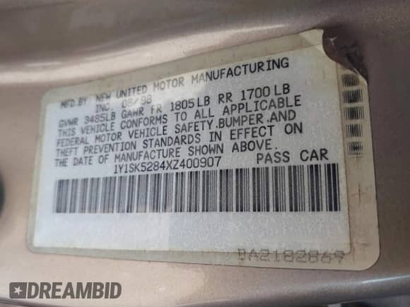 1999 Chevrolet Prizm с VIN 1Y1SK5284XZ400907, выставлен на аукционе IAAI как лот 41821292 с пробегом 90 134 миль миль и . История ставок и продаж доступна на DreamBid. Изображение 9.