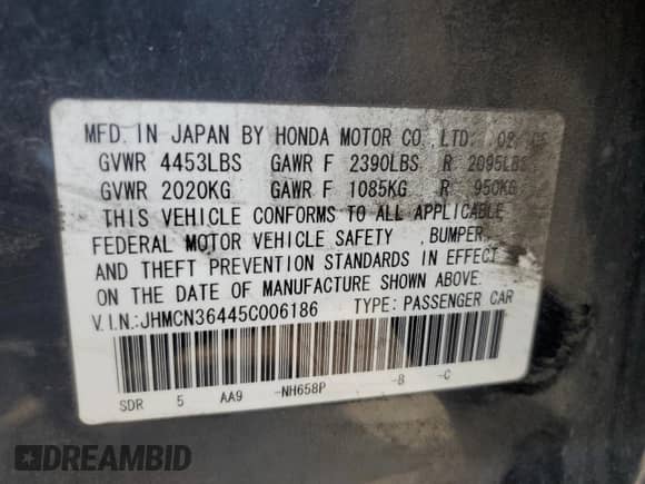 2005 Honda Accord with VIN JHMCN36445C006186, listed as a Copart auction lot 62326905 with 85,408 mi miles and Salvage title. Bid and sale history available at DreamBid. Image 12.