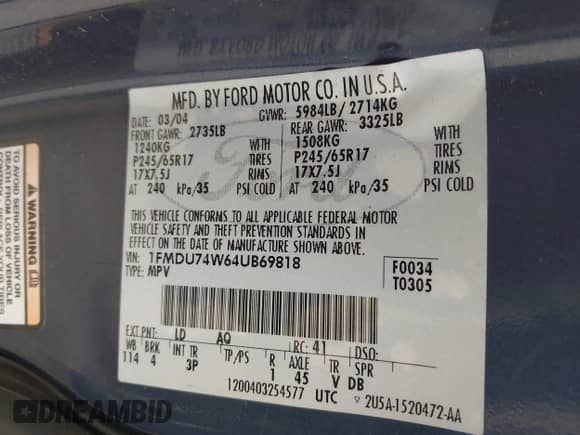 2004 Ford Explorer Eddie Bauer с VIN 1FMDU74W64UB69818, выставлен на аукционе IAAI как лот 43315731 с пробегом 174 091 миль миль и . История ставок и продаж доступна на DreamBid. Изображение 9.