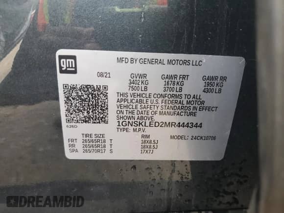 2021 Chevrolet Tahoe Commercial с VIN 1GNSKLED2MR444344, выставлен на аукционе Copart как лот 85485335 с пробегом 62 407 миль миль и Чистый • Clean title. История ставок и продаж доступна на DreamBid. Изображение 13.