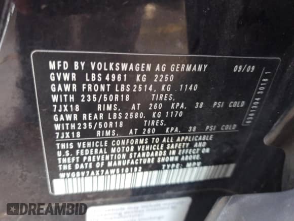 2010 Volkswagen Tiguan SE с VIN WVGBV7AX7AW510192, выставлен на аукционе Copart как лот 83803615 с пробегом 129 817 миль миль и Списание • Salvage title. История ставок и продаж доступна на DreamBid. Изображение 13.