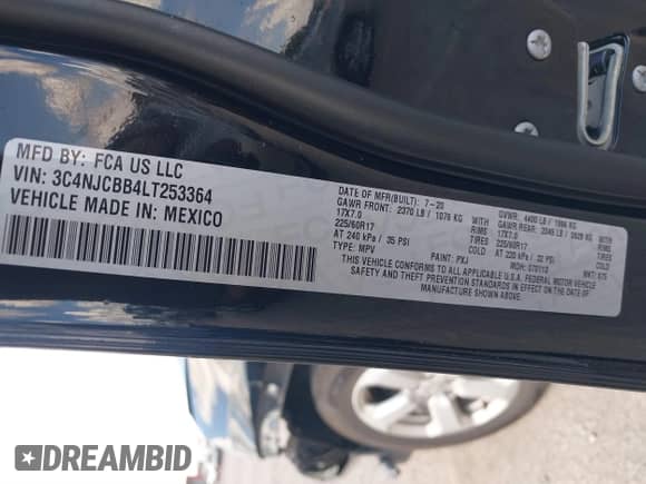 2020 Jeep Compass Latitude with VIN 3C4NJCBB4LT253364, listed as a IAAI auction lot 41565377 with 60,551 mi miles and . Bid and sale history available at DreamBid. Image 9.