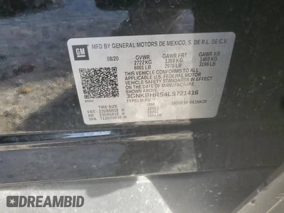 2020 Chevrolet Blazer LT with VIN 3GNKBHRS4LS721416, listed as a Copart auction lot 84742455 with 39,929 mi miles and Non repairable. Bid and sale history available at DreamBid. Image 13.