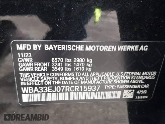 2024 BMW 7 Series 760i xDrive with VIN WBA33EJ07RCR15937, listed as a IAAI auction lot 41642361 with 19,368 mi miles and . Bid and sale history available at DreamBid. Image 9.