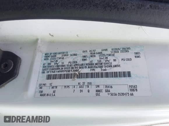 2007 Ford Econoline Cargo Commercial with VIN 1FTNE14W07DB13980, listed as a IAAI auction lot 42451731 with 210,380 mi miles and . Bid and sale history available at DreamBid. Image 9.