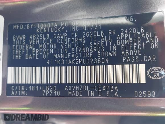 2021 Toyota Camry Hybrid XSE with VIN 4T1K31AK2MU023604, listed as a IAAI auction lot 41476057 with 26,211 mi miles and . Bid and sale history available at DreamBid. Image 9.