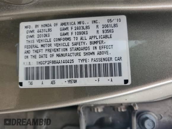 2010 Honda Accord EX-L with VIN 1HGCP2F88AA140425, listed as a Copart auction lot 51473595 with 288,317 mi miles and Clean title. Bid and sale history available at DreamBid. Image 12.