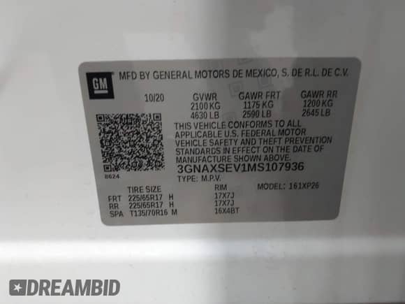 2021 Chevrolet Equinox LS z VIN 3GNAXSEV1MS107936, wystawiony jako IAAI lot #42351652 z przebiegiem 83 839 mil mil oraz . Historia ofert i sprzedaży dostępna na DreamBid. Obrazek 9.