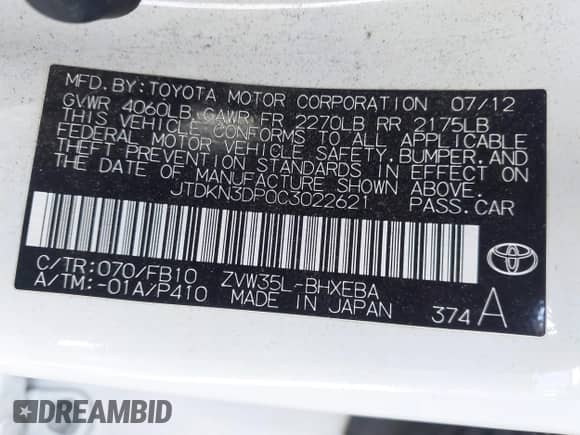 2012 Toyota Prius z VIN JTDKN3DP0C3022621, wystawiony jako IAAI lot #42897146 z przebiegiem 169 952 mil mil oraz . Historia ofert i sprzedaży dostępna na DreamBid. Obrazek 9.